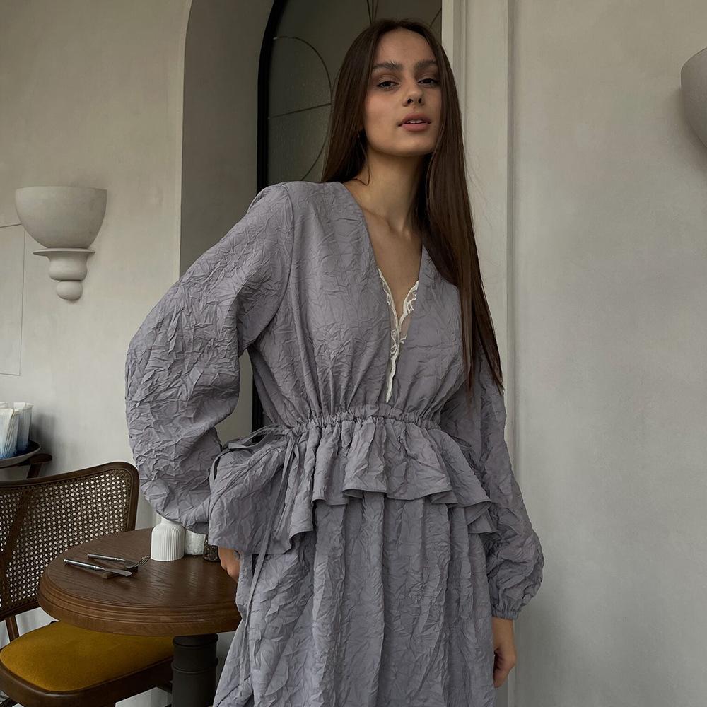 Pleated texture dress European and American spring and summer new lotus leaf edge lantern sleeve lace lace dress