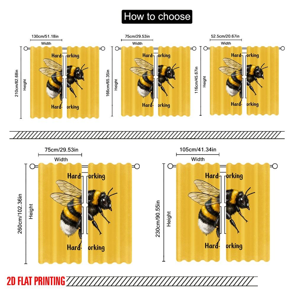 2pcs 2D Flat Printing Window Curtains Hard-working Bee Cute Bumblebee 100% Polyester Without Electricity Festive Holiday for
