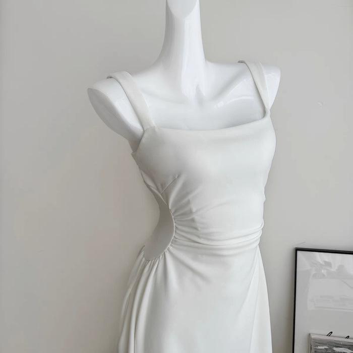French temperament Hepburn style waist suspender dress women s summer new thin a word long dress S белый