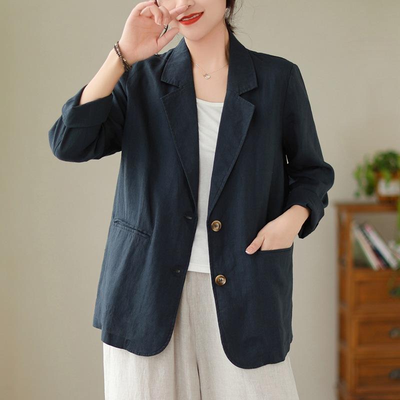 Frühlingsblazer mit langen Ärmeln aus Baumwolle und Leinen für Damen, lässiger Leinenblazer für Damenoberbekleidung