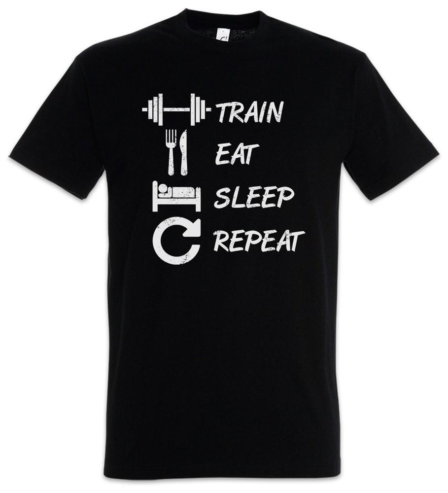 

Train Eat Sleep Repeat Mens T-Shirt Fitness Training Gym Body Building Curls 4XL