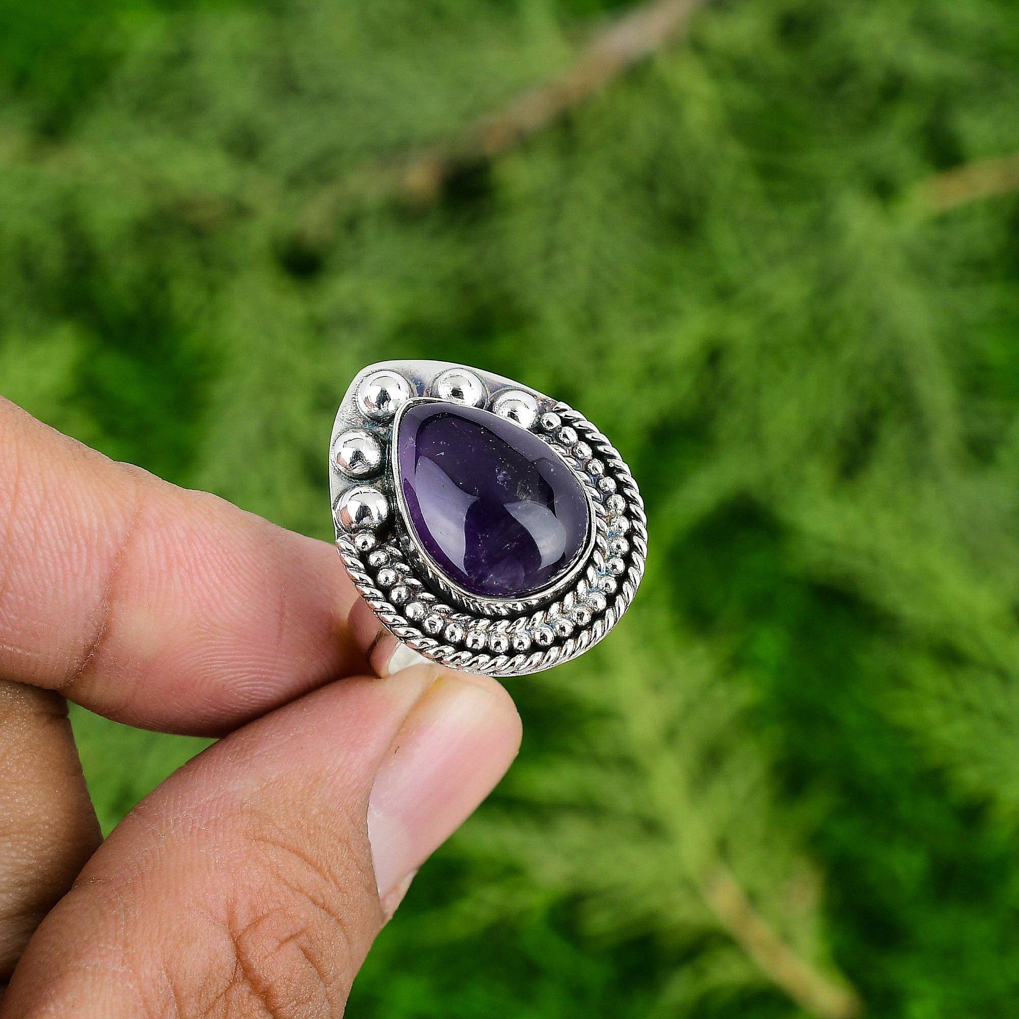 

925 Sterling Silver Pear African Amethyst Gemstone Bezel Mother Statement Ring Adjustable