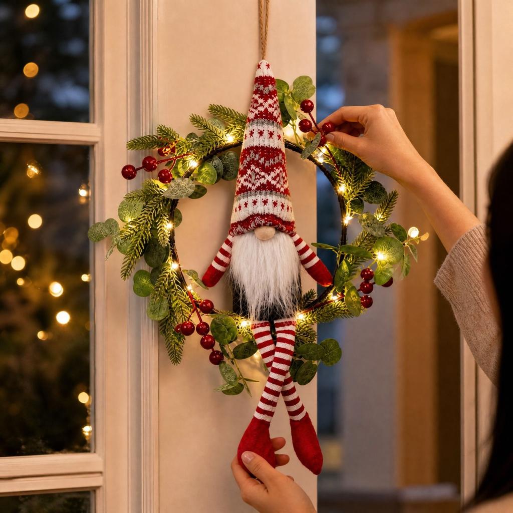 Guirlanda Iluminada de Natal com Enfeite de Gnomo Sem Rosto para Porta Escada Parede Decoração Pendente