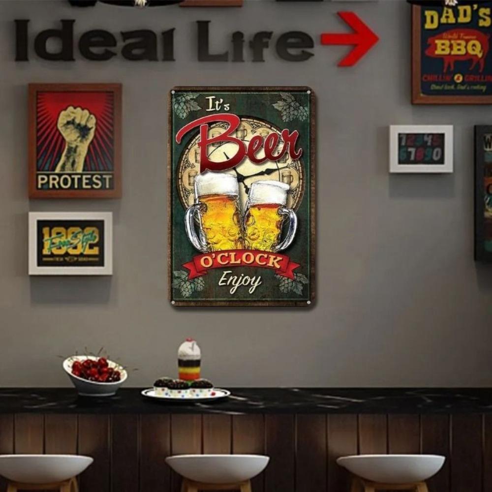Vintage Metal Beer Clock Sign Rectangular Tin Poster Bar Wall Art 20x30 cm