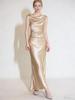 Haute Couture French Satin Draped Neck Resort Wedding Evening Gown for Women
