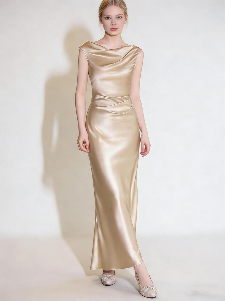 Haute Couture French Satin Draped Neck Resort Wedding Evening Gown for Women