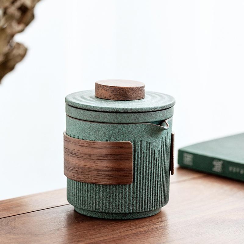 Bluestone Glaze Striped Ceramic Quick Tea Cup One Pot Three Cups Portable Kung Fu Tea Set