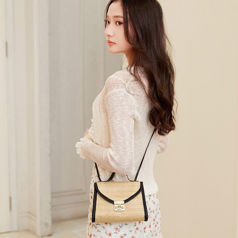 Straw Bag New Lock Metal Small Square Bag Women's Bag Fashion Casual Simple Shoulder Bag Mobile Phone Bag