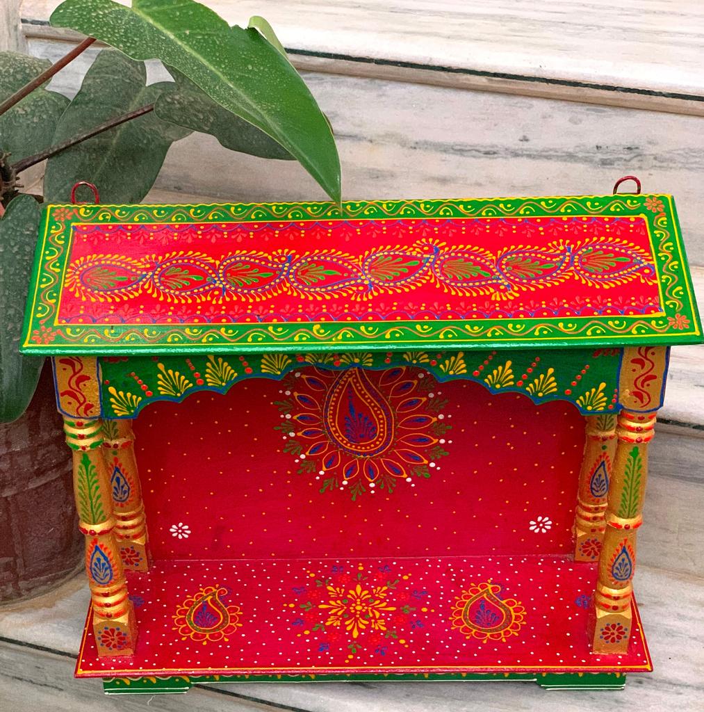 Handmade Painted Wood Mandir: Embossed Hindu Home Altar
