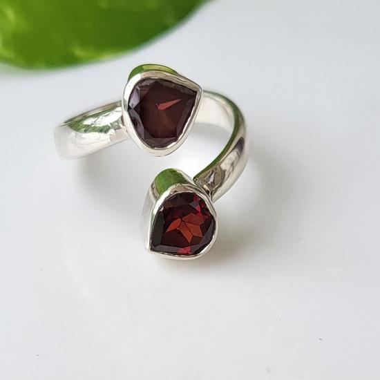 Natural Double Heart Red Garnet Gemstone 925 Sterling Silver Ring Sz 7.5 US A93