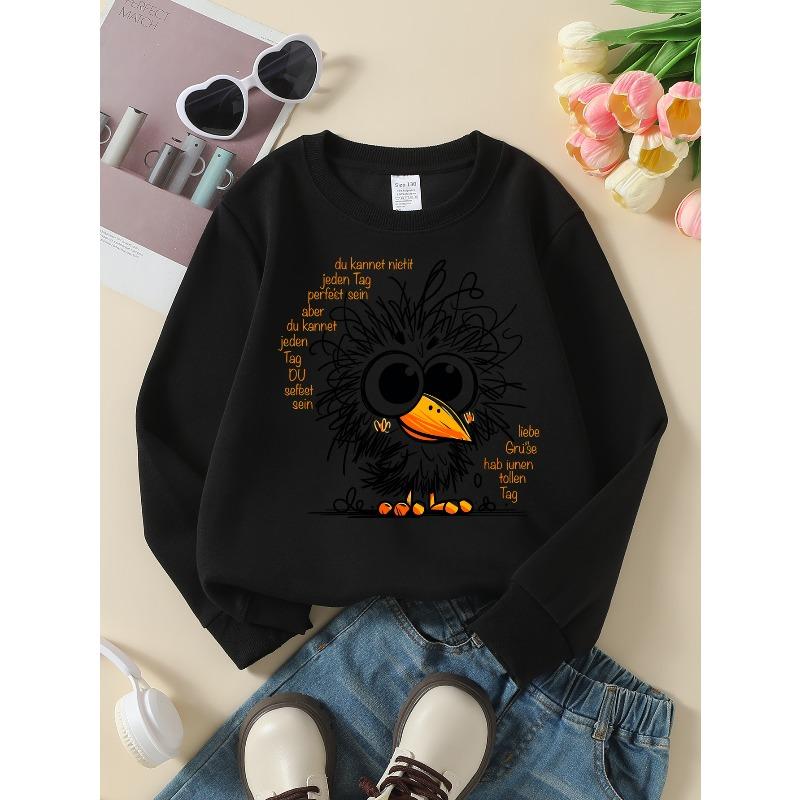 Europäische Größen Mädchen Rundhals-Sweatshirt Bunte Vögel mit Text & Grün, Weiche Bequeme Sportbekleidung für Kinder & Jugendliche