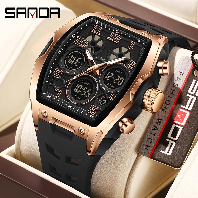 Sanda Dual Display Waterproof Barrel-Shaped Electronic Watch with Alarm for Students and Parties