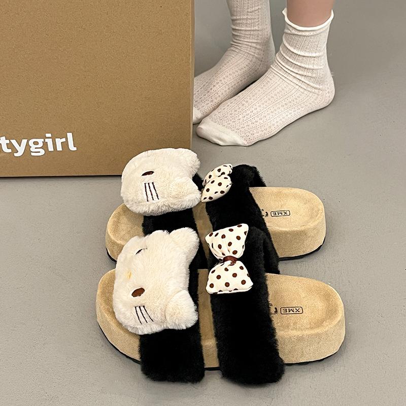 Cute Mao Mao cartoon KT cat bow Mao Mao slippers women's 2025 autumn and winter new one-word parallel bar cotton slippers
