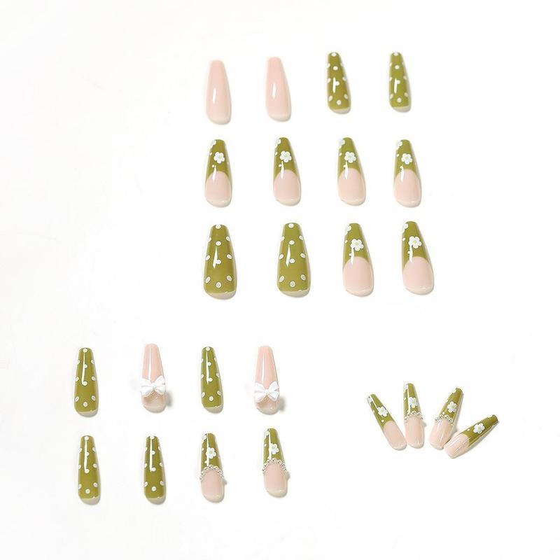 Falsche Nägel mit Schmetterlingsmotiv, Perlenschleife, lange französische künstliche Nägel mit Kleber, vollständige Nagelspitzen für Mädchen, Maniküre, Nagelkunst-Dekoration