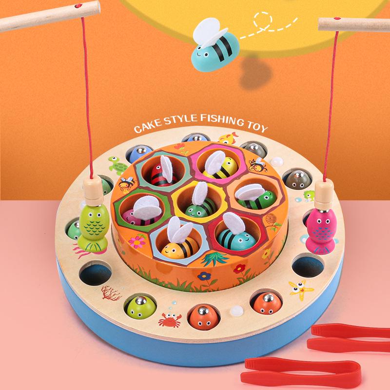 

Wooden Kids Double-Layer Cake Fishing & Bee Catching Toy for Hand-Eye Coordination