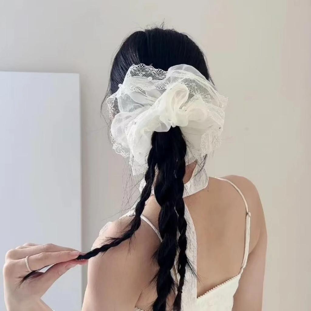 1PC Korean- tyle Dongdaemun-Inspired Lace and Pearl White Sheer Chunky Hair Scrunchie, Sweet and Gentle Hair Accessory for Women