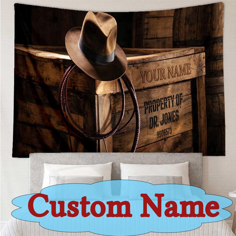 [Custom Name Tapestry]Dr Jones Western Hat Printed Tapestry, Library Bedroom Dormitory Decor Wall Hanging Tapestry