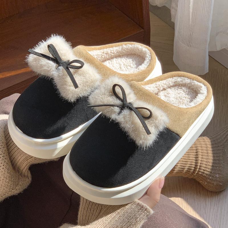 New Home Cotton Slippers Winter Indoor Velvet Warm Comfortable Soft Sole Heightening Bow Shoes Slippers