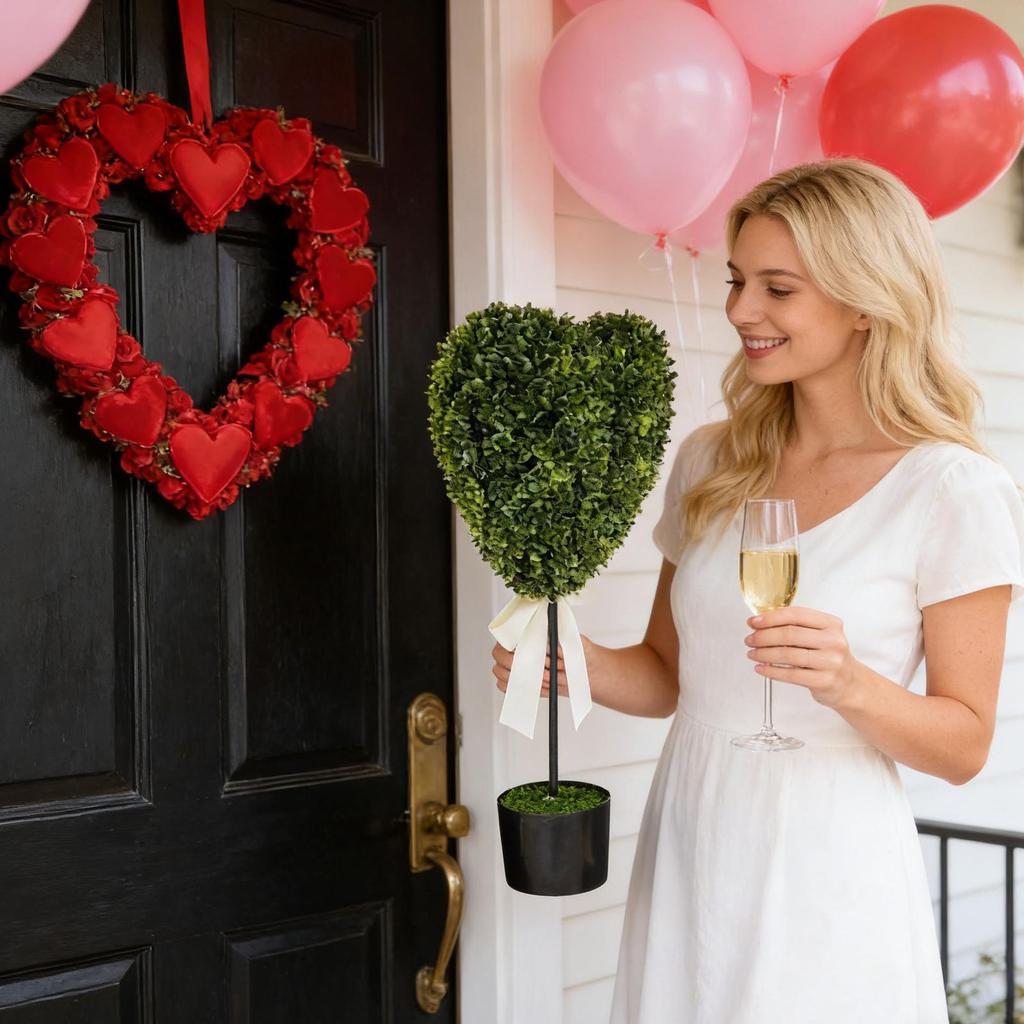 Small Artificial Plants in Pots Faux Greenery Heart-Shaped Artificial Boxwood Tree for Valentine's Day Living Room Home Garden