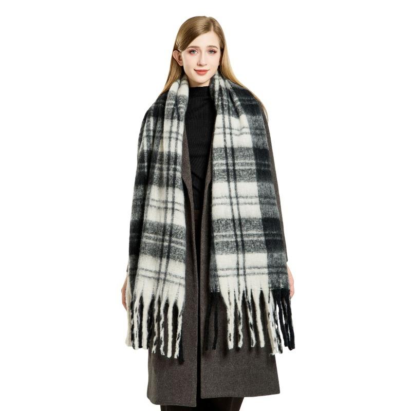 Winter warm mohair plaid fringed scarf female designer high-end versatile soft atmosphere scarf