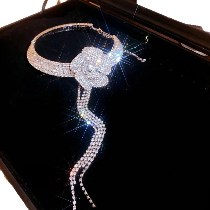 Elegant Rhinestone Multi-layer Floral Tassel Clavicle Necklace