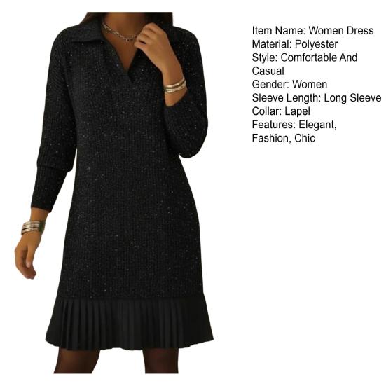 Women Knit Mini Fall Sweater Dress Sparkly Long Sleeve Lapel V Neck Dress Casual Ribbed Pullover Pleated Swing Dress