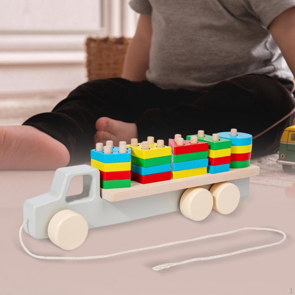 Wooden Building Blocks Vehicle Toy Preschool Shape Sorter Stacking Game Kids
