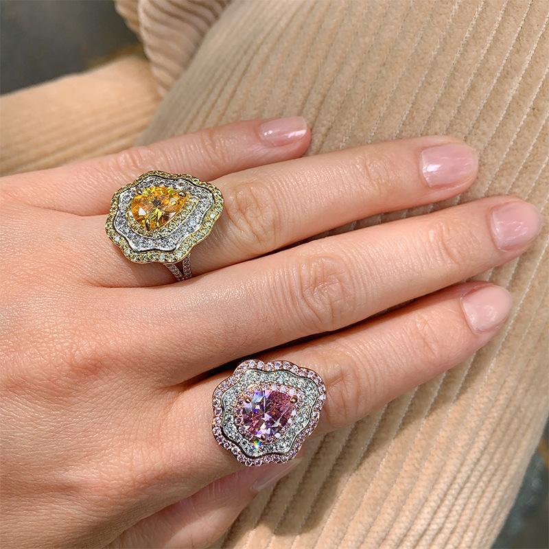 New Pink Ring With Micro Inlaid Pear Shaped Colored Jewelry Retro Exaggerated Zircon Female