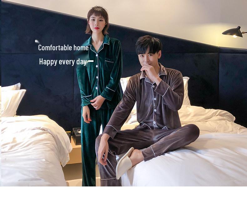 Couple's Gold Velvet Pajamas: Thin Fleece Two-Piece Set for Women & Men - Long Sleeve, Solid Color, Perfect for Spring & Autumn Homewear