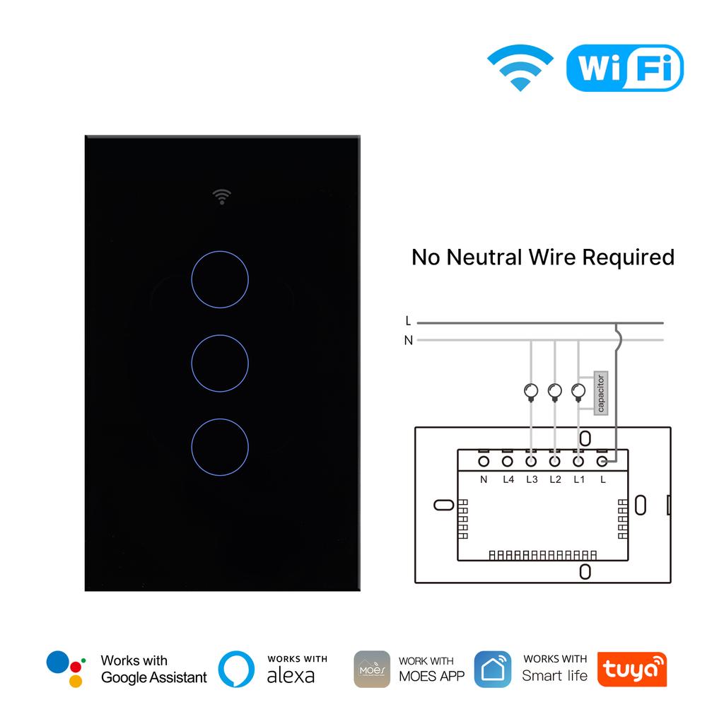 MOES No Neutral Wire Needed RF 433+ Wifi Wall Light Switch Smart Life/Tuya Wireless Remote Switches 1/2/3/4 Gang