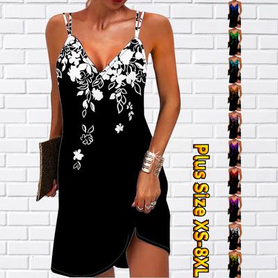Women's Fashion Sexy 3D Broken Flowers Falling Print Strapless Dress Loose V-neck Camisole Dress