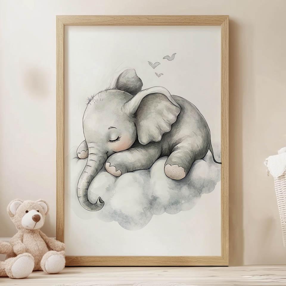 Plakat Senny Słonik Na Chmurze Plakat Senny Słonik Na Chmurze, 40X50 Cm, Rama Aluminiowa Złota, Papier Matowy 230 Gsm