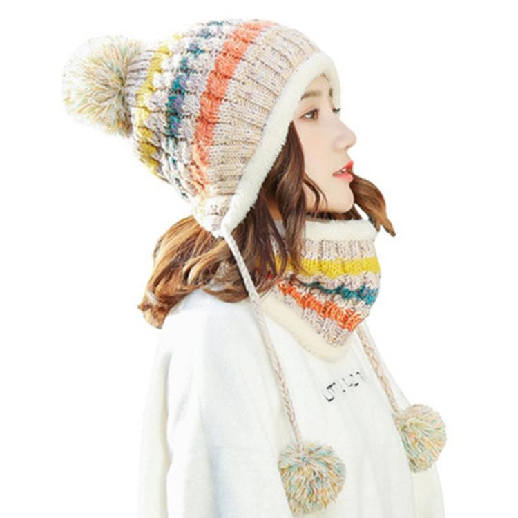 Wool hat women's winter sweet and cute knitted autumn and winter street thickened ear hat scarf neck cover hat