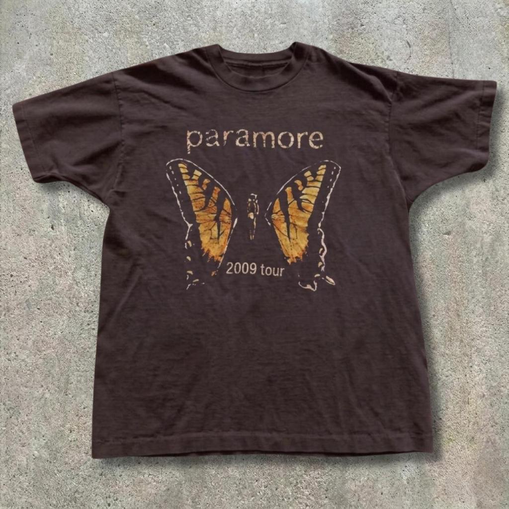 Dark chocolate Paramore t-shirt with orange butterfly graphic