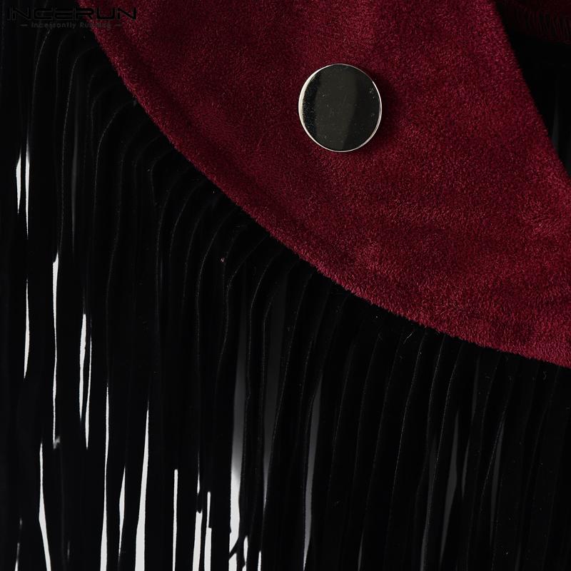 INCERUN Men Low Cut Neck Stitching Tassel Fashion Cropped Cloaks Tops