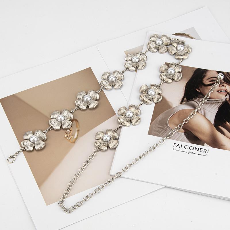 French Little Flavor Pearl Camellia Metal Decorative Waist Chain Women's Dress Sweet Accessories High-end Bands