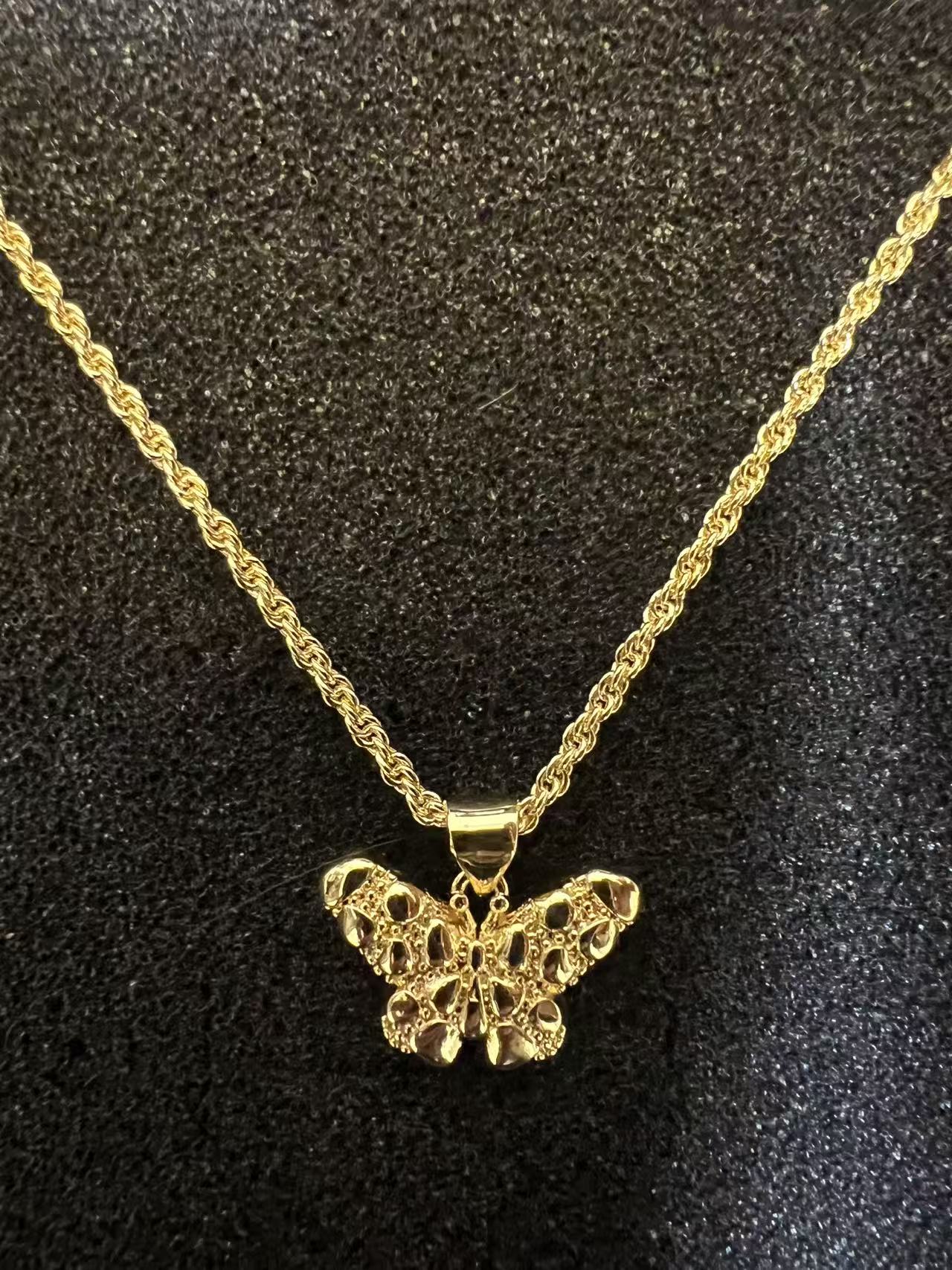 Dropshipping Hip Hop Unique Design Gold Nugget Butterfly Shaped Charm Pendant Necklace for Women Jewelry 45cm