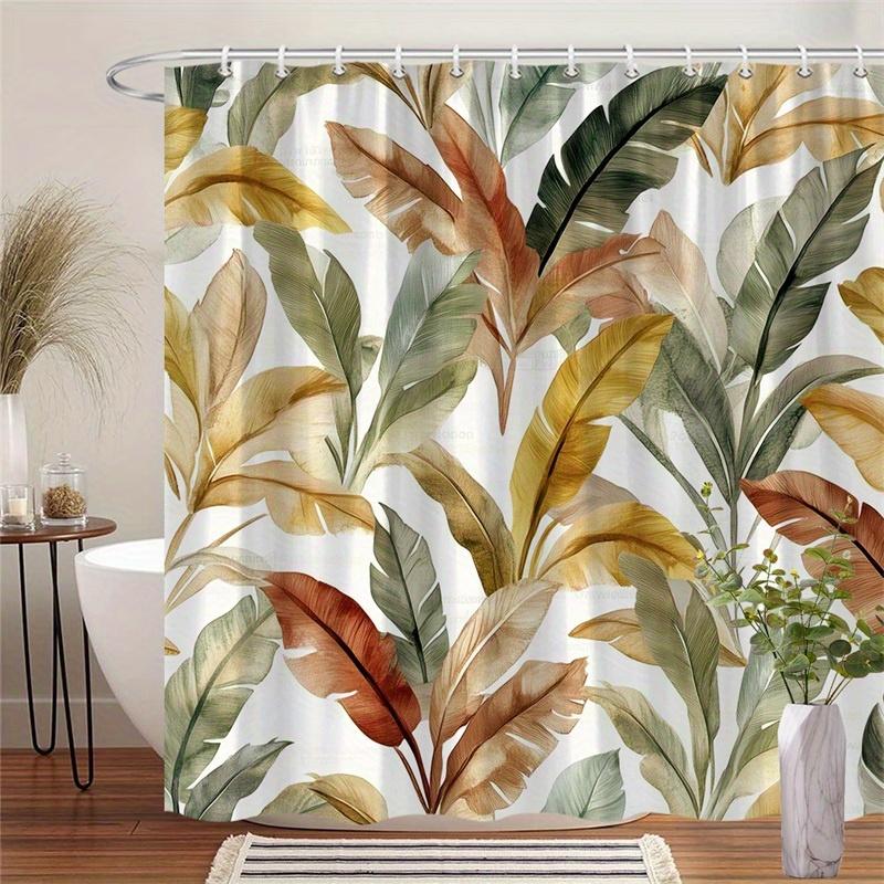 1pcs Tropical Leaves Banana Leaves Watercolor Pattern Earthy Green Brown Yellow Red Shower Curtain Lush Botanical Style Bathroom 90X180cm