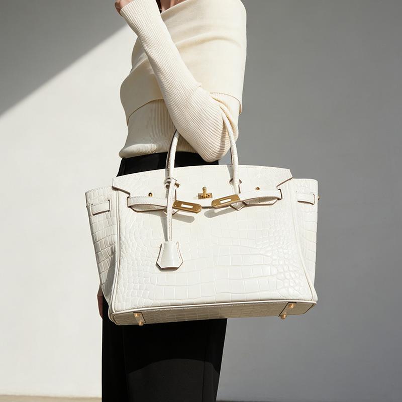 Borsa in pelle di vacchetta di primo strato con motivo coccodrillo bianco, borsa a tracolla di alta gamma, borsa a mano da donna grande in pelle per pendolari