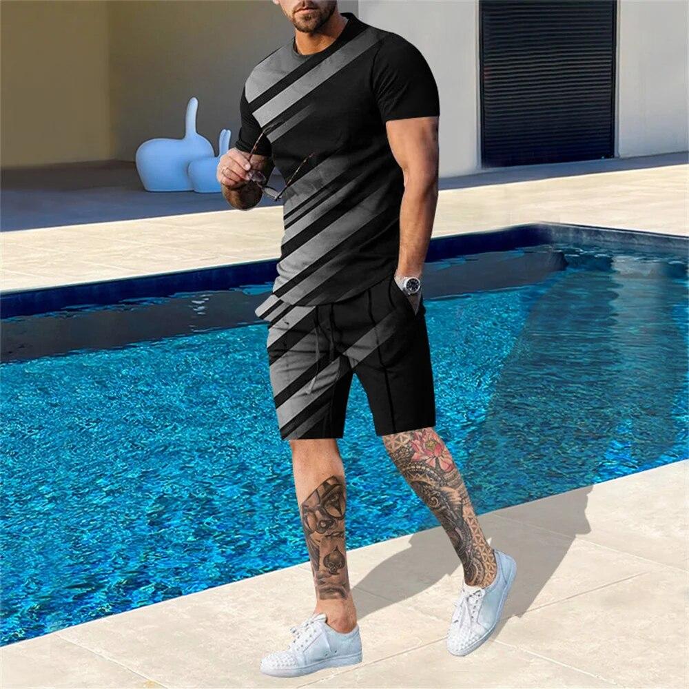 Men's Tracksuit 2 Piece Set Summer Stripe Sport Hawaiian Suit Short Sleeve T Shirt and Shorts Casual Fashion Man Clothing