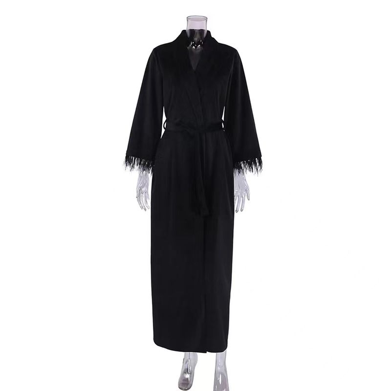 

Fashion Wind Velvet Shoelace Feather Dress Pajamas Feather Cardigan Lace up Dress Black L