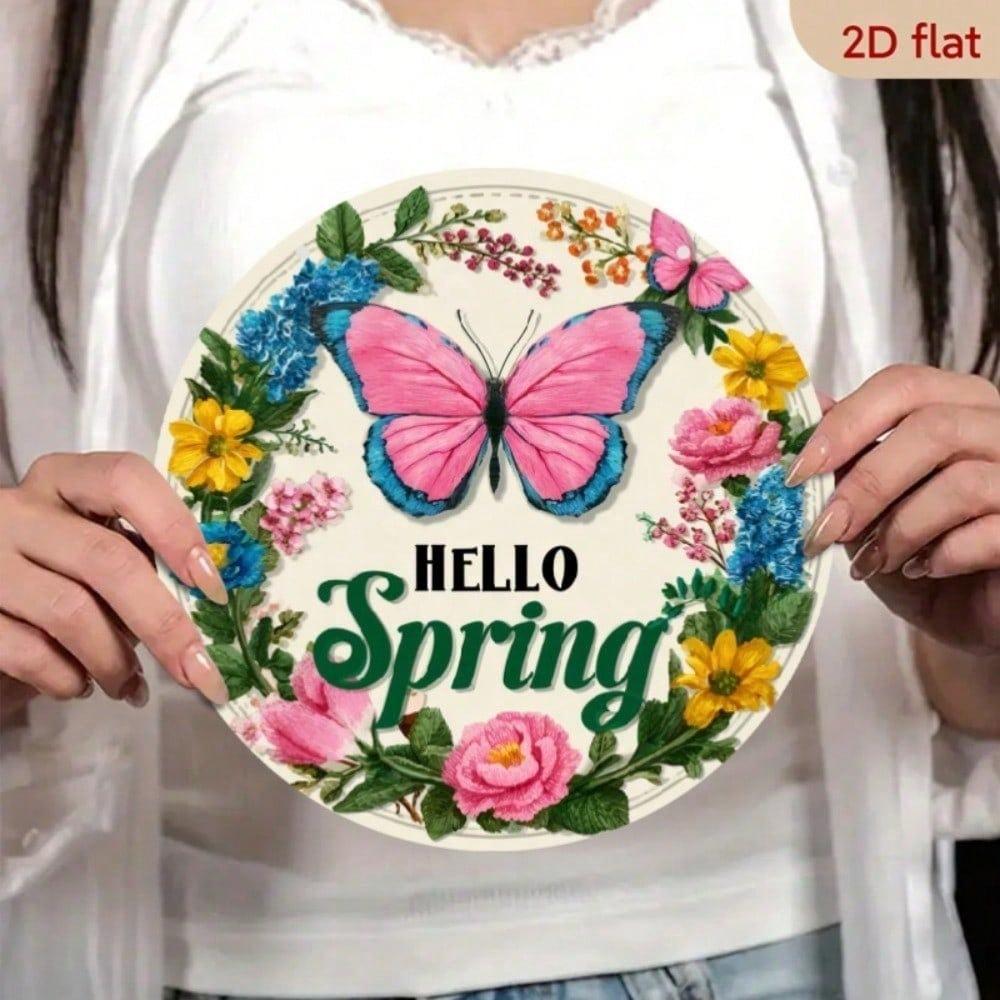1pc Vintage Rustic Floral Wreath Metal Wall Art, 7.8x7.8 Inch Spring Butterfly & Foliage Aluminum Sign, 2D Flat Round Outdoor Home Decor
