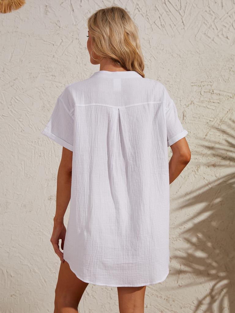Women's Textured Short Sleeve V-Neck Tunic Dress with Front Pockets - Loose Fit Casual Summer Beach Cover-Up and Daily Wear.