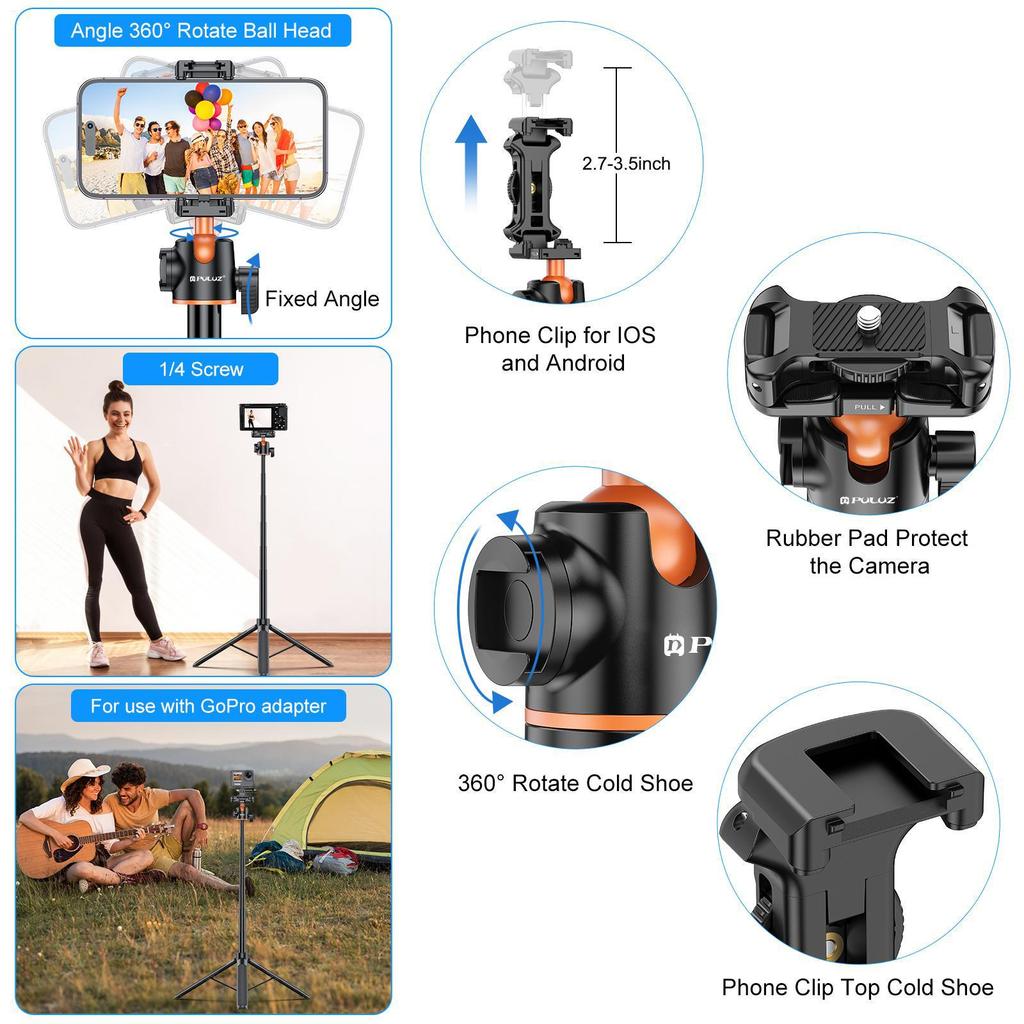 Fat Cow Portable Action Camera Selfie Stick with Tripod & Telescopic Extension for Phones & Mirrorless Cameras