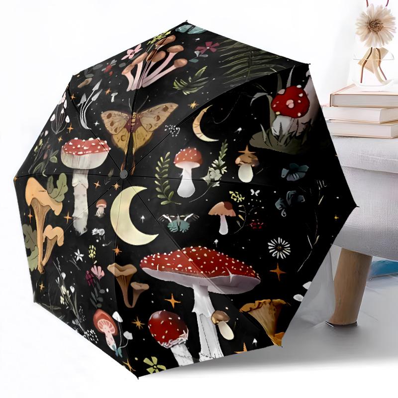 Mystical Forest Mushrooms Compact Travel Automatic Umbrella Compact 8-Rib Design Durable Plastic & Iron Travel Essential Elegant Umbrella