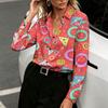 Women Satin Lapel Long Sleeve Shirt Fun Geometric Shape Print Fashion Blouse for Daily & Vacation