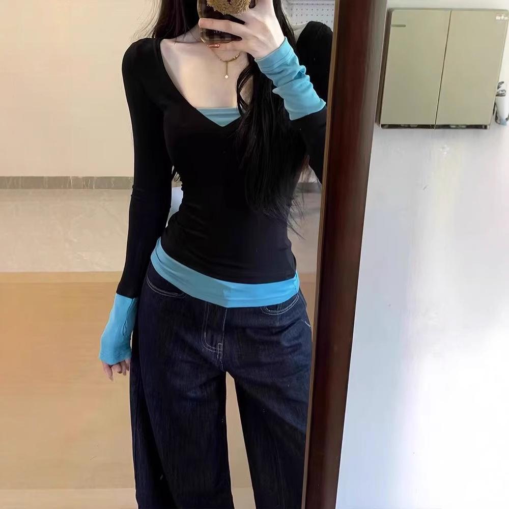 

2025 Spring American Colorblock Sexy Slim-Fit Long Sleeve T-Shirt XXL