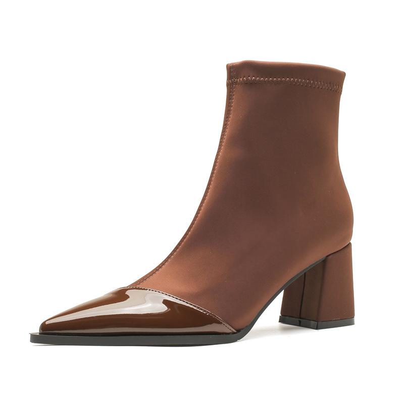 H768-7 retro Internet celebrity autumn and winter fashion boots pointed thick heel medium tube short boots color matching fashion light luxury short b