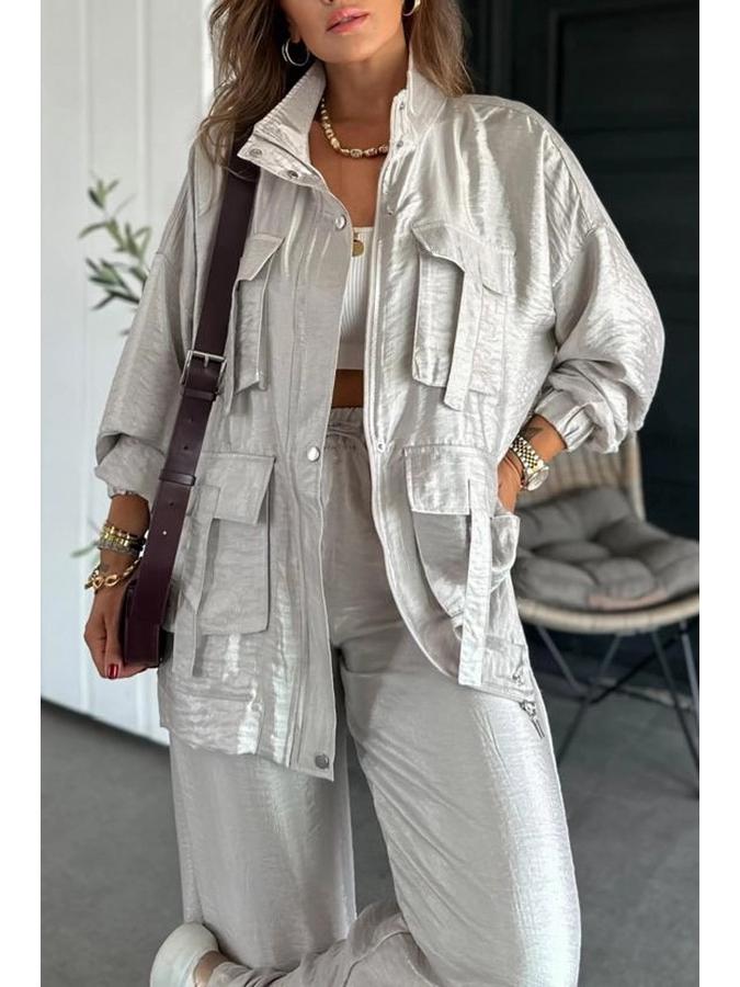Europeisk och amerikansk dammode tvådelad set: Rakbenta byxor & Långärmad jacka med 3D-fickor 3035.