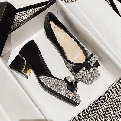 New Shoes for Women Spring Square Heels Pumps Girl Fashion Crystal Bowknot High Heels Shoes OL Casual Pearl Dress Shoes
